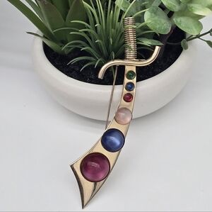 Vintage Saber Brooch Pendant Moonglow Cabochon Gold Tone Large